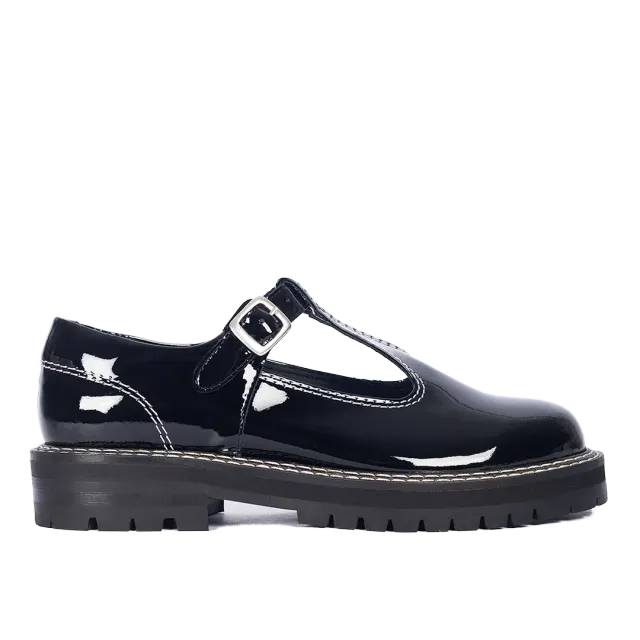 Angulus Mary Jane chunky cuir surpiqûres contrastées